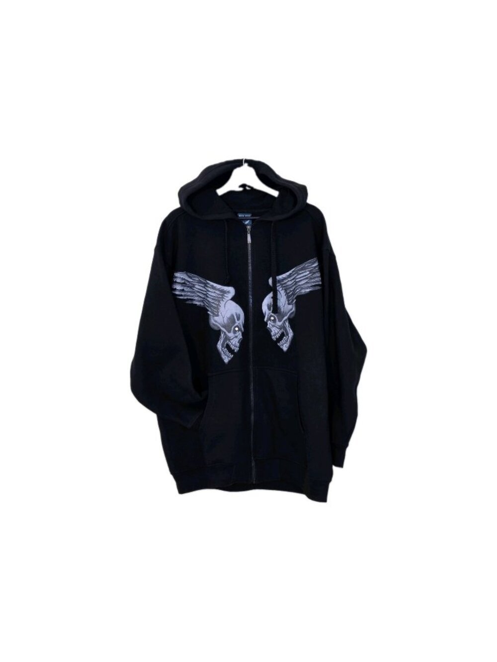 Metal Jeans Co Vtg Y2K Goth Hoodie Mens L Black Skull Wings Cross Full Zip Y2K